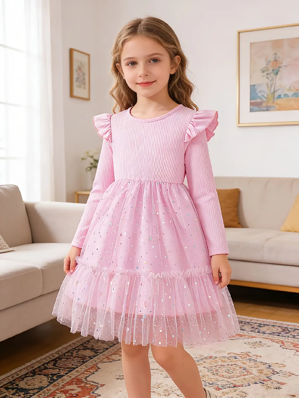 Girls Sequin Tulle Dress with Long Sleeves