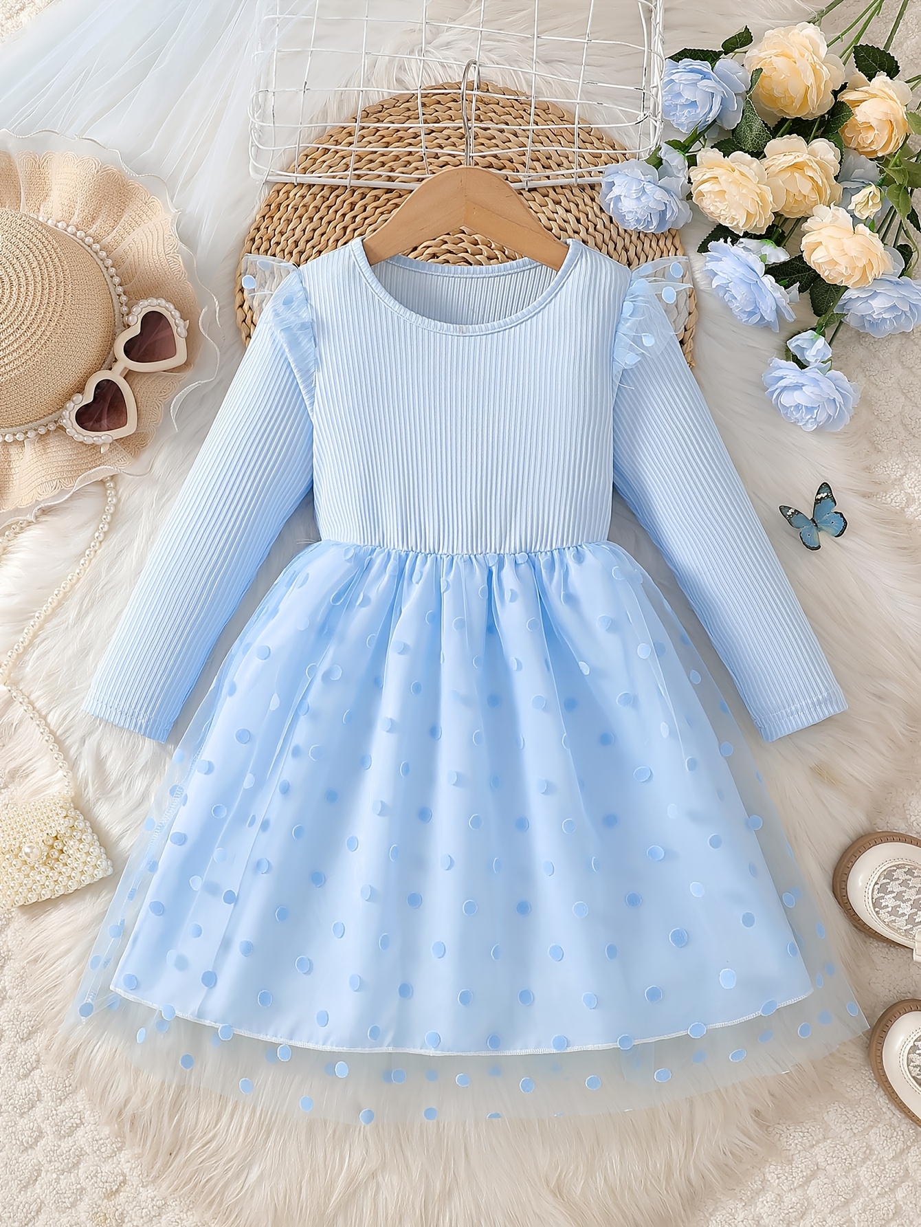Girls Wave Dot Tulle Princess Dress with Long Sleeves - 图片 2