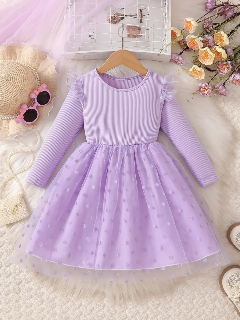 Girls Wave Dot Tulle Princess Dress with Long Sleeves