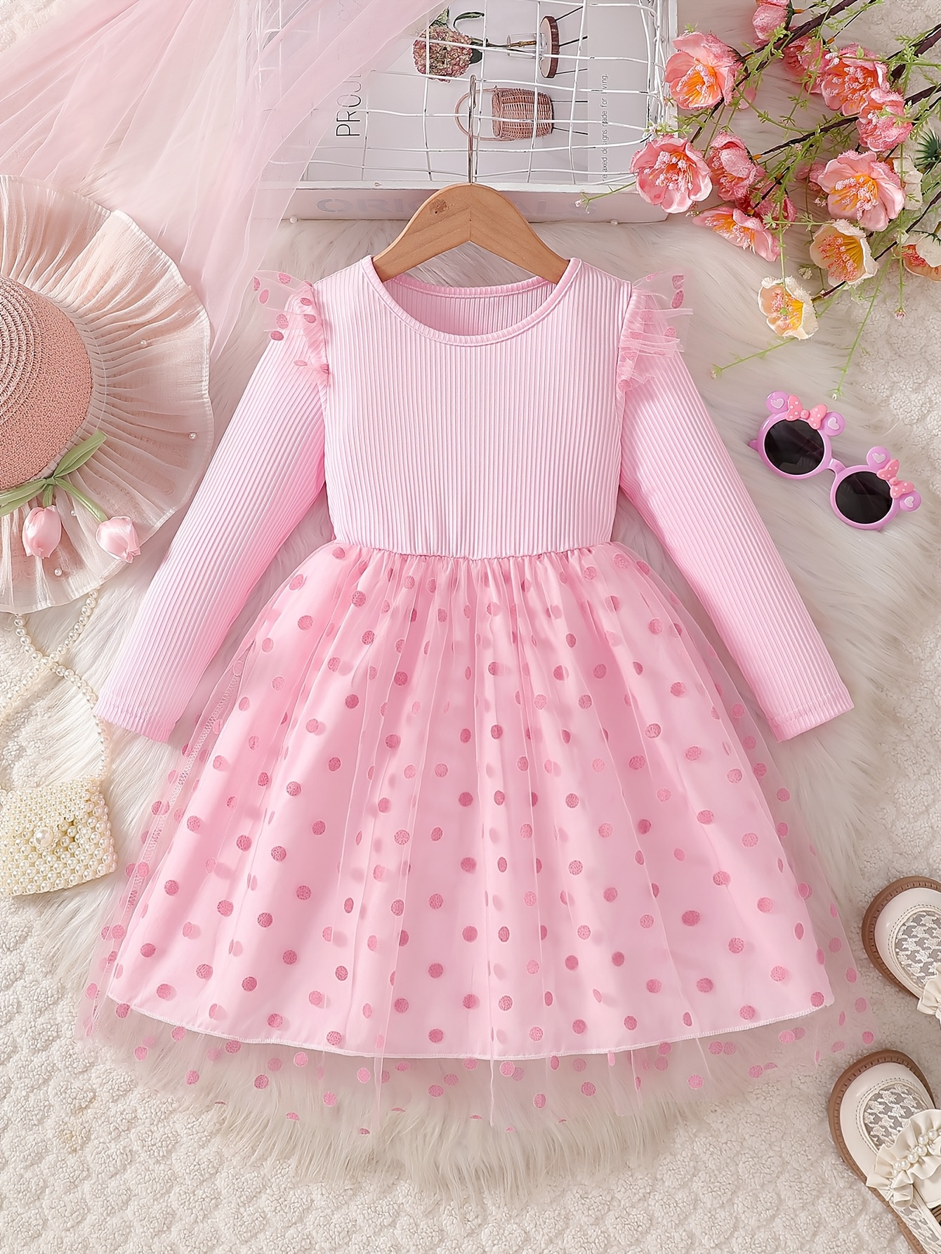 Girls Wave Dot Tulle Princess Dress with Long Sleeves - 图片 3
