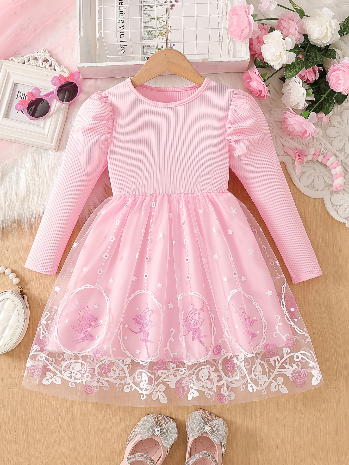Girls Puff Sleeve Printed Tulle Dress - 图片 2