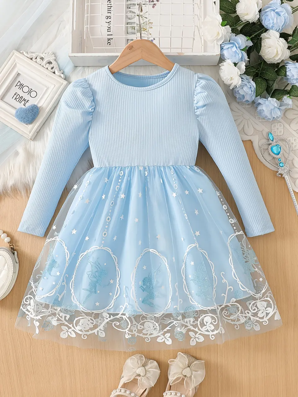 Girls Puff Sleeve Printed Tulle Dress