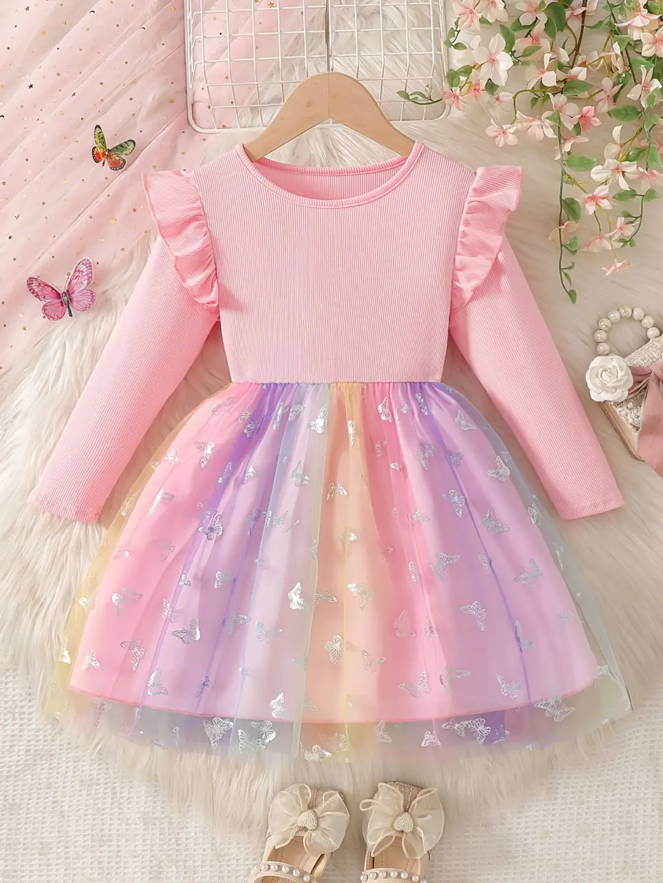 Girls Gradient Butterfly Tulle Dress with Flutter Sleeves