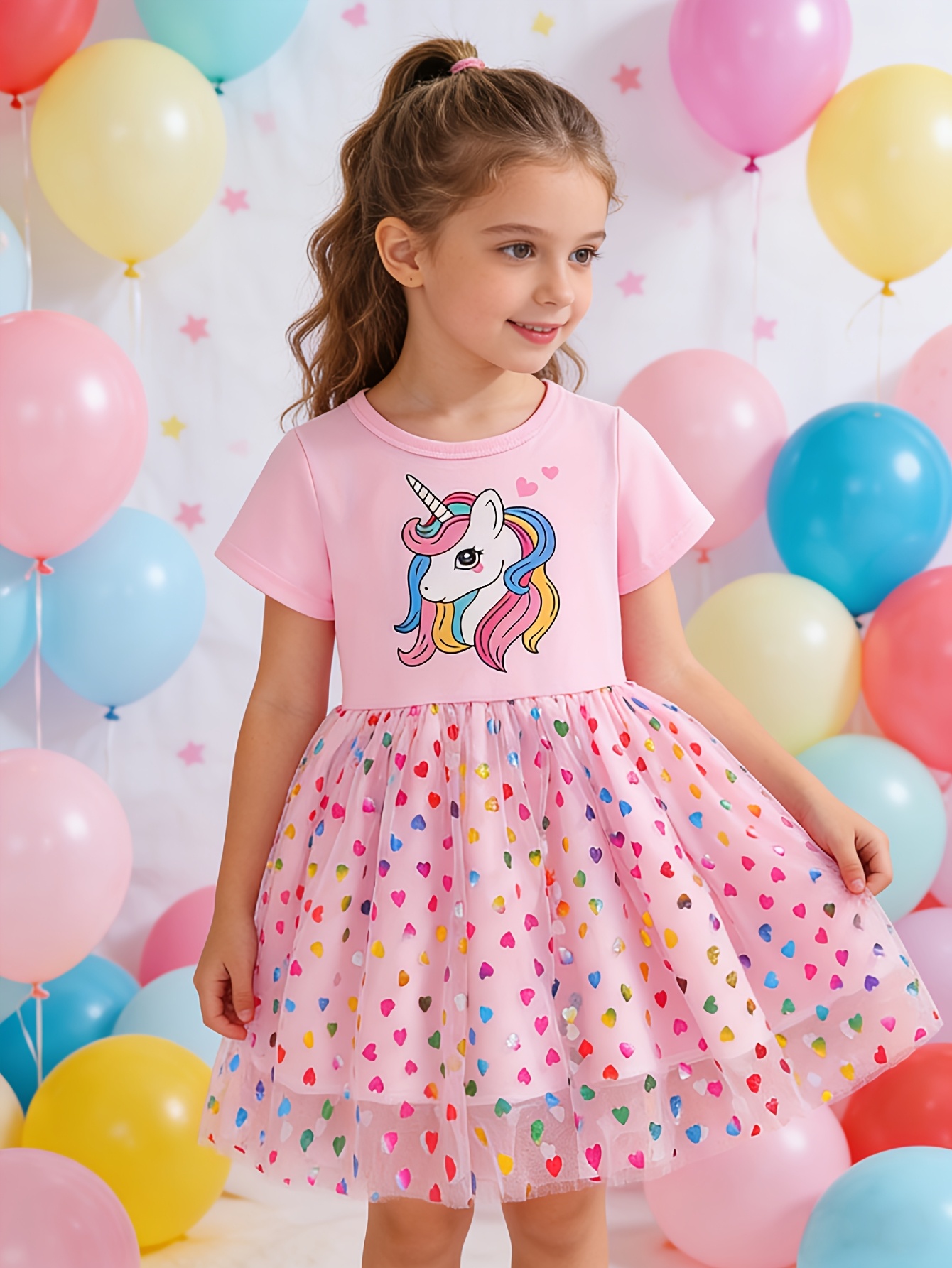 Girls Unicorn Print Short Sleeve Princess Dress - 图片 2
