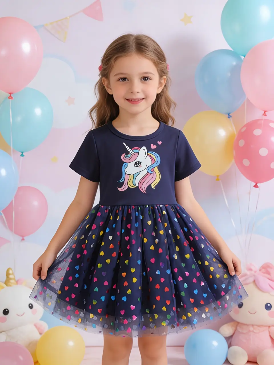 Girls Unicorn Print Short Sleeve Princess Dress