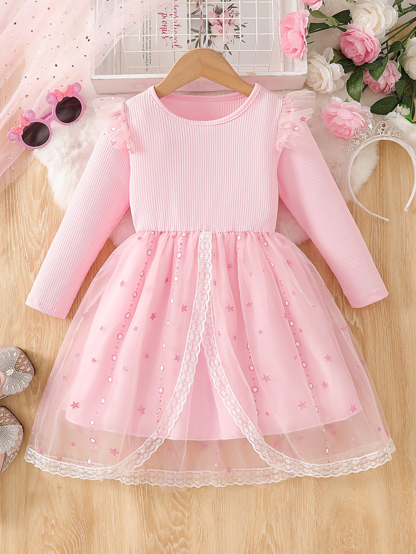 Girls Ribbed Lace Tulle Princess Dress for Parties - 图片 2