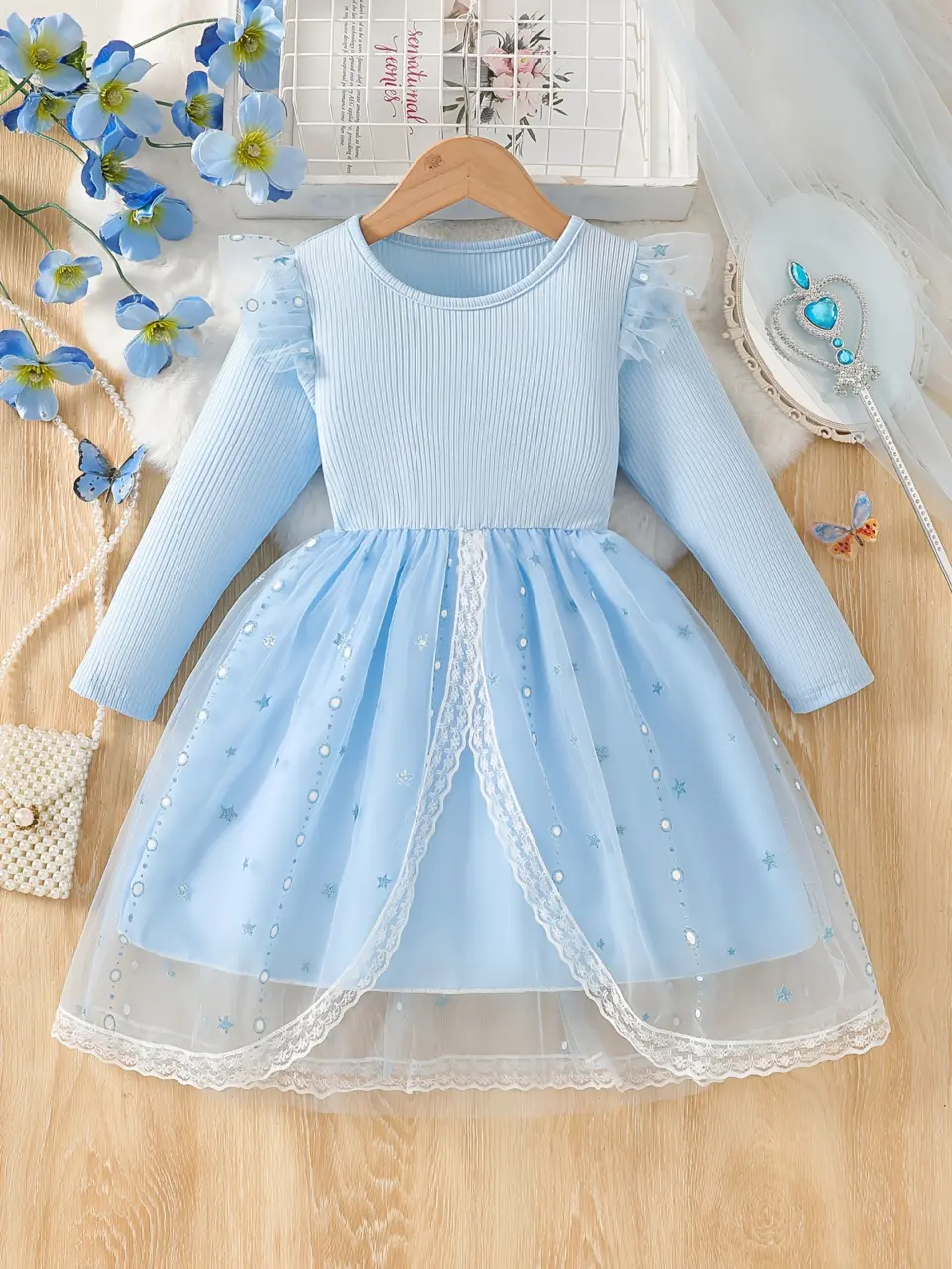 Girls Ribbed Lace Tulle Princess Dress for Parties