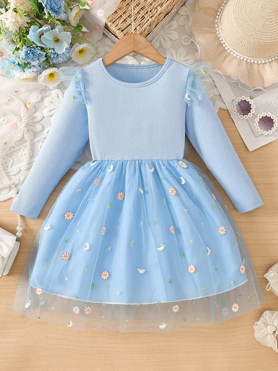 Girls Daisy Embroidered Tulle Dress with Flutter Sleeves