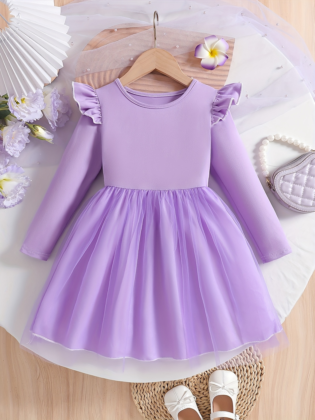 Girls Long Sleeve Flutter Tulle Dress with Round Neck - 图片 3
