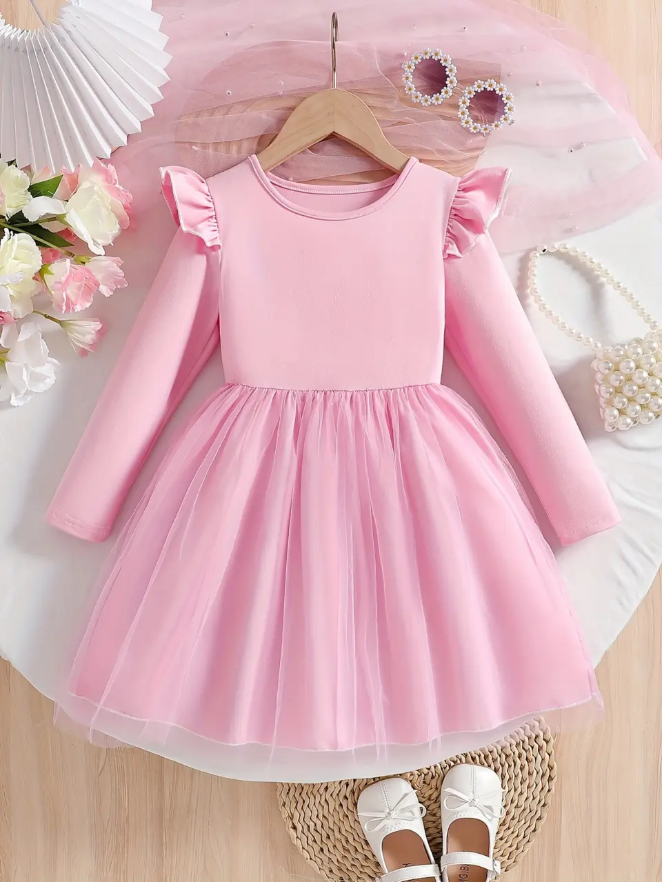 Girls Long Sleeve Flutter Tulle Dress with Round Neck