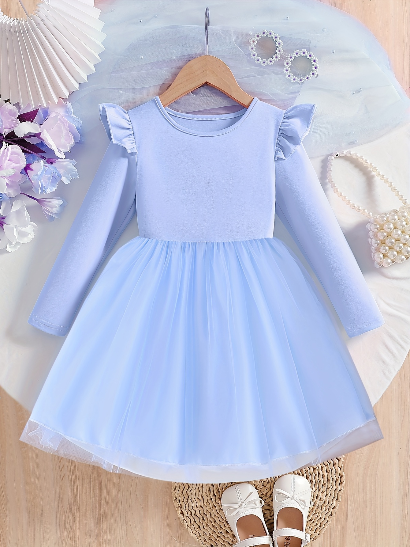 Girls Long Sleeve Flutter Tulle Dress with Round Neck - 图片 2