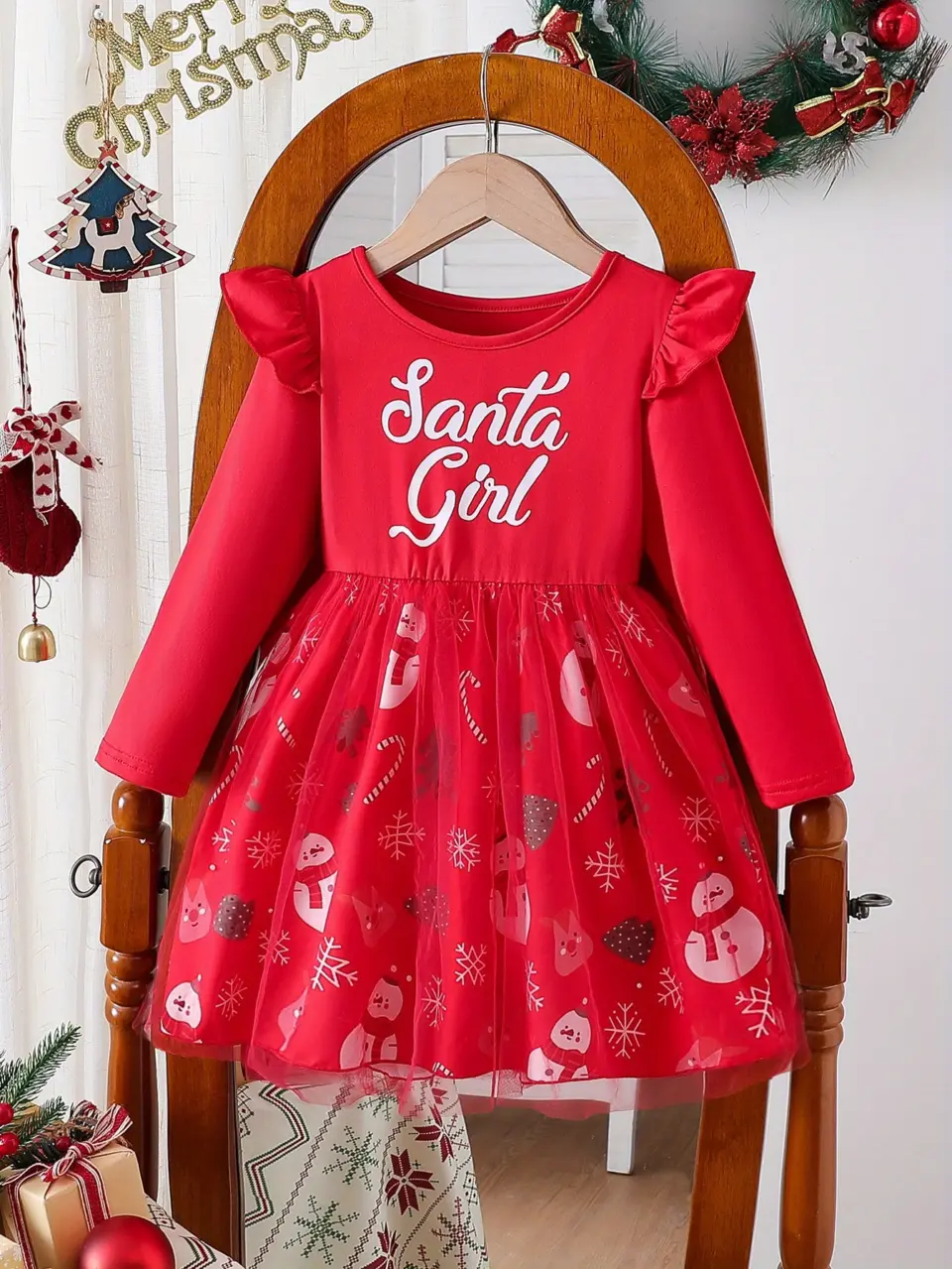 Girls Christmas Print Ruffle Sleeve Dress