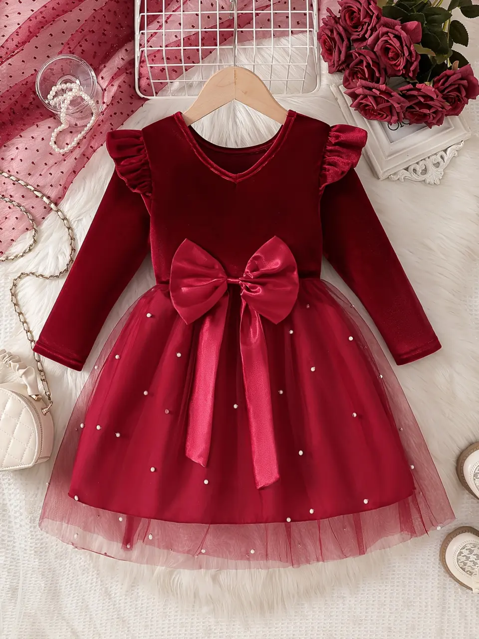 Girls Velvet Tulle Party Dress with Beaded Detail and Back Bow