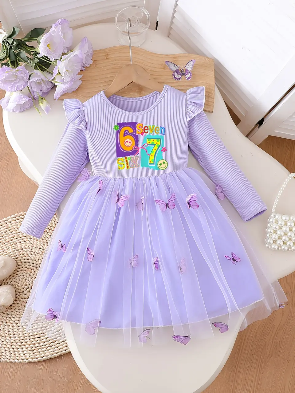 Girls Purple 67 Butterfly Embroidered Tulle Dress