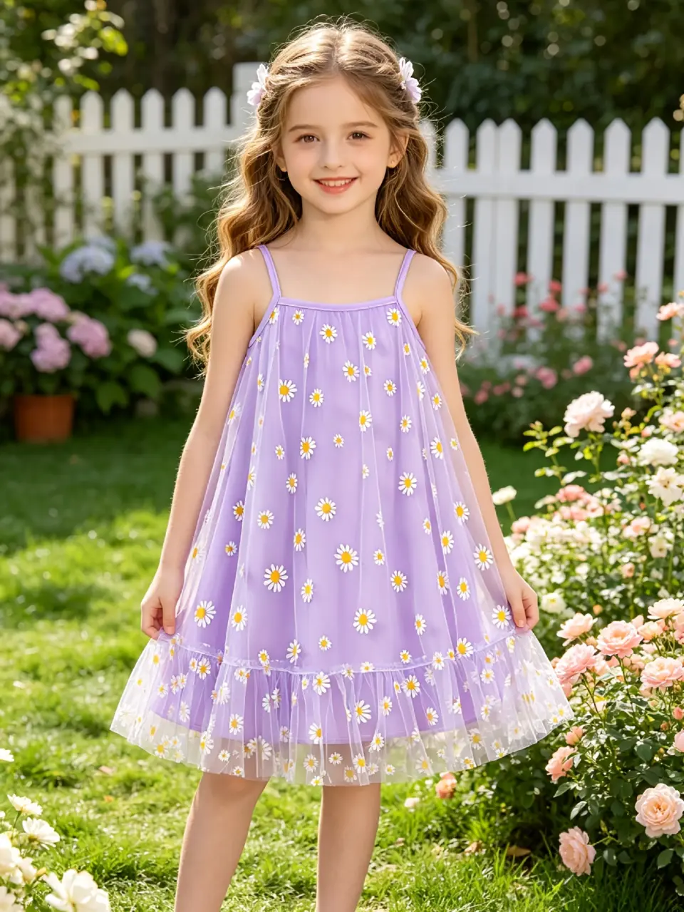 Girls Purple Daisy Mesh Sundress with Tulle Skirt