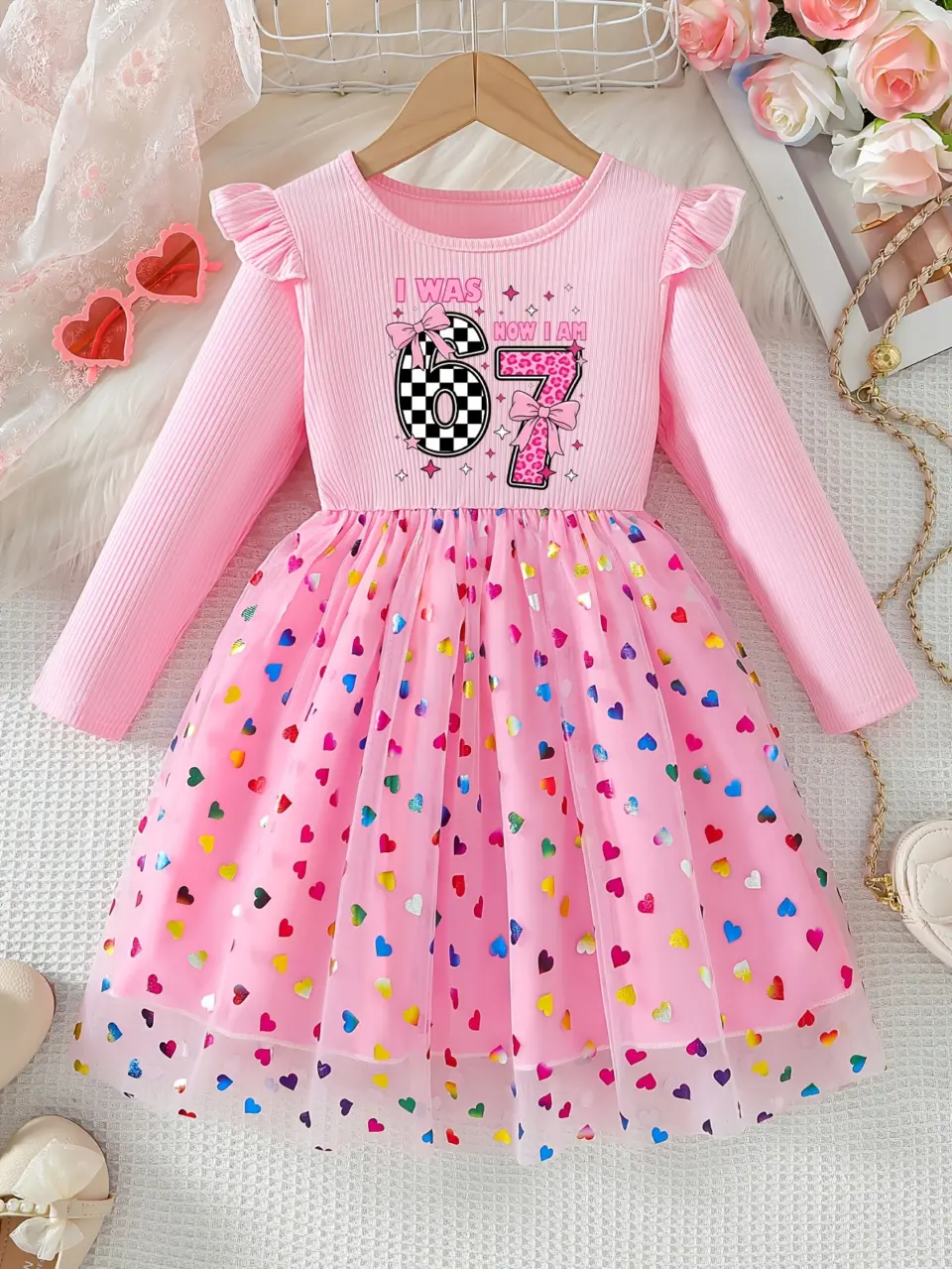 Girls Pink 67 Graphic Heart Tulle Dress