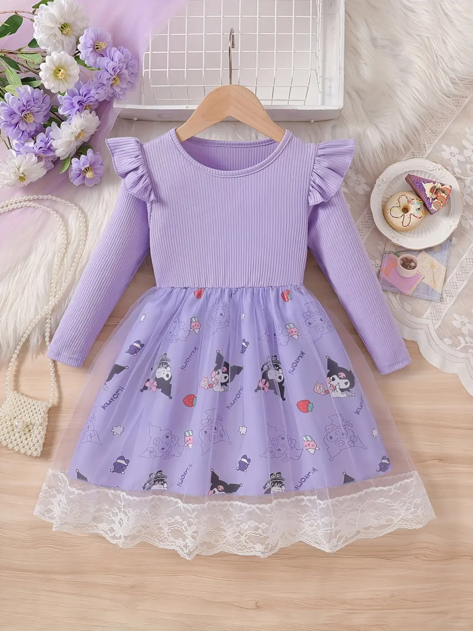 Girls Purple Kuromi Print Long Sleeve Tulle Dress