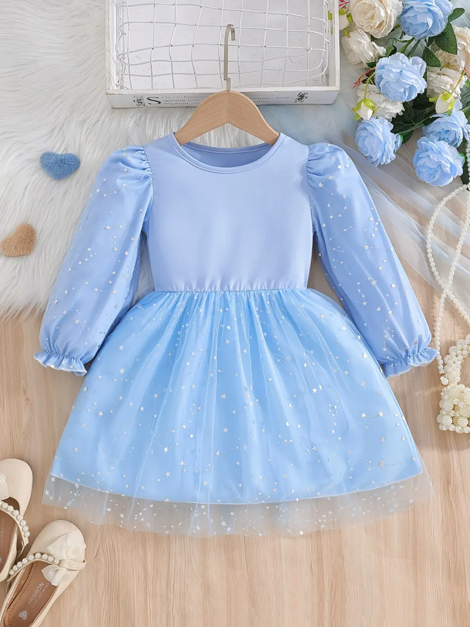 Girls Long Sleeve Star Sequin Tulle Dress