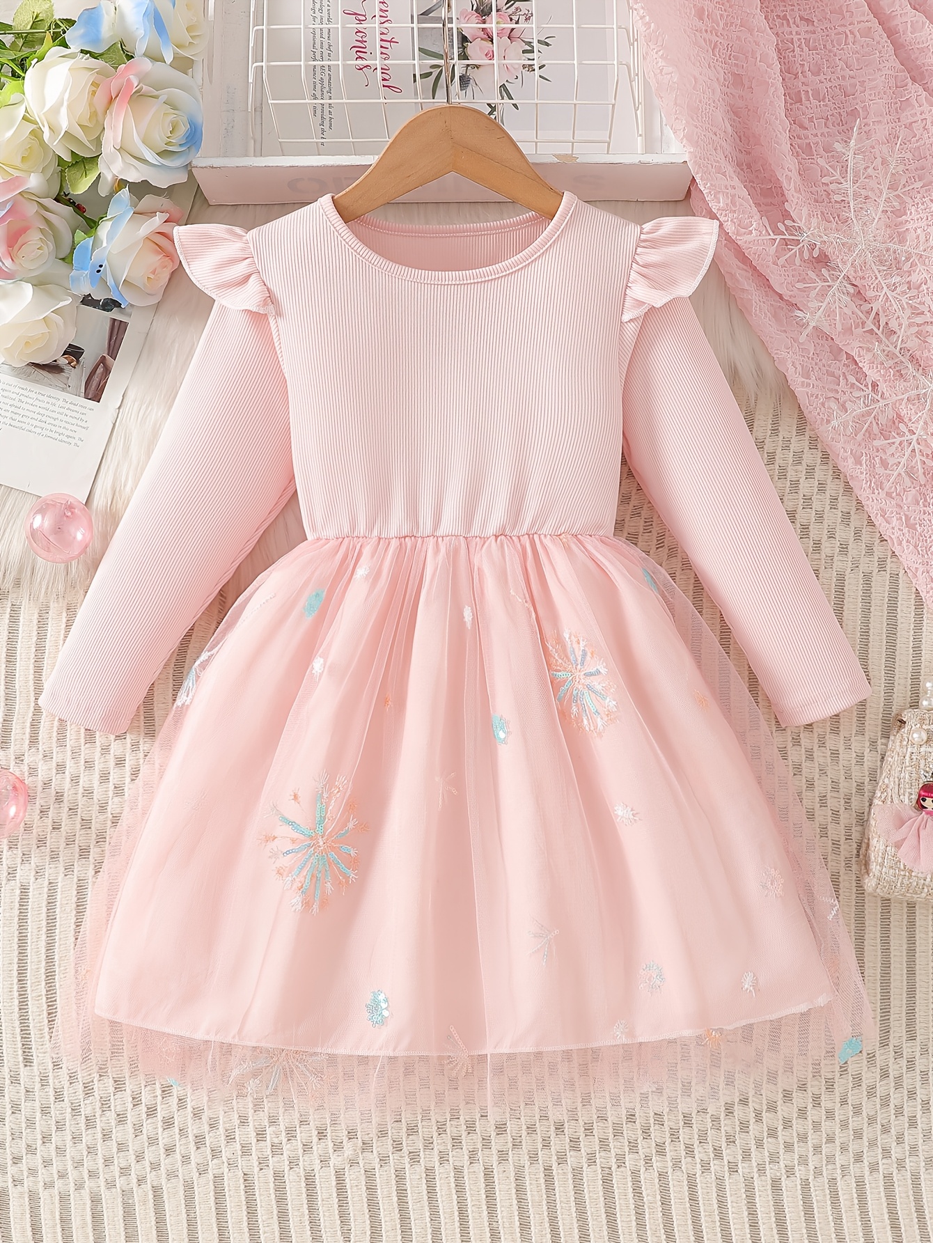 Girls Floral Beaded Tulle Dress with Long Sleeves - 图片 2