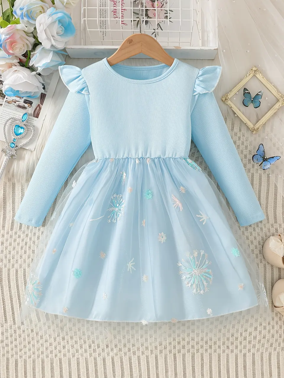 Girls Floral Beaded Tulle Dress with Long Sleeves