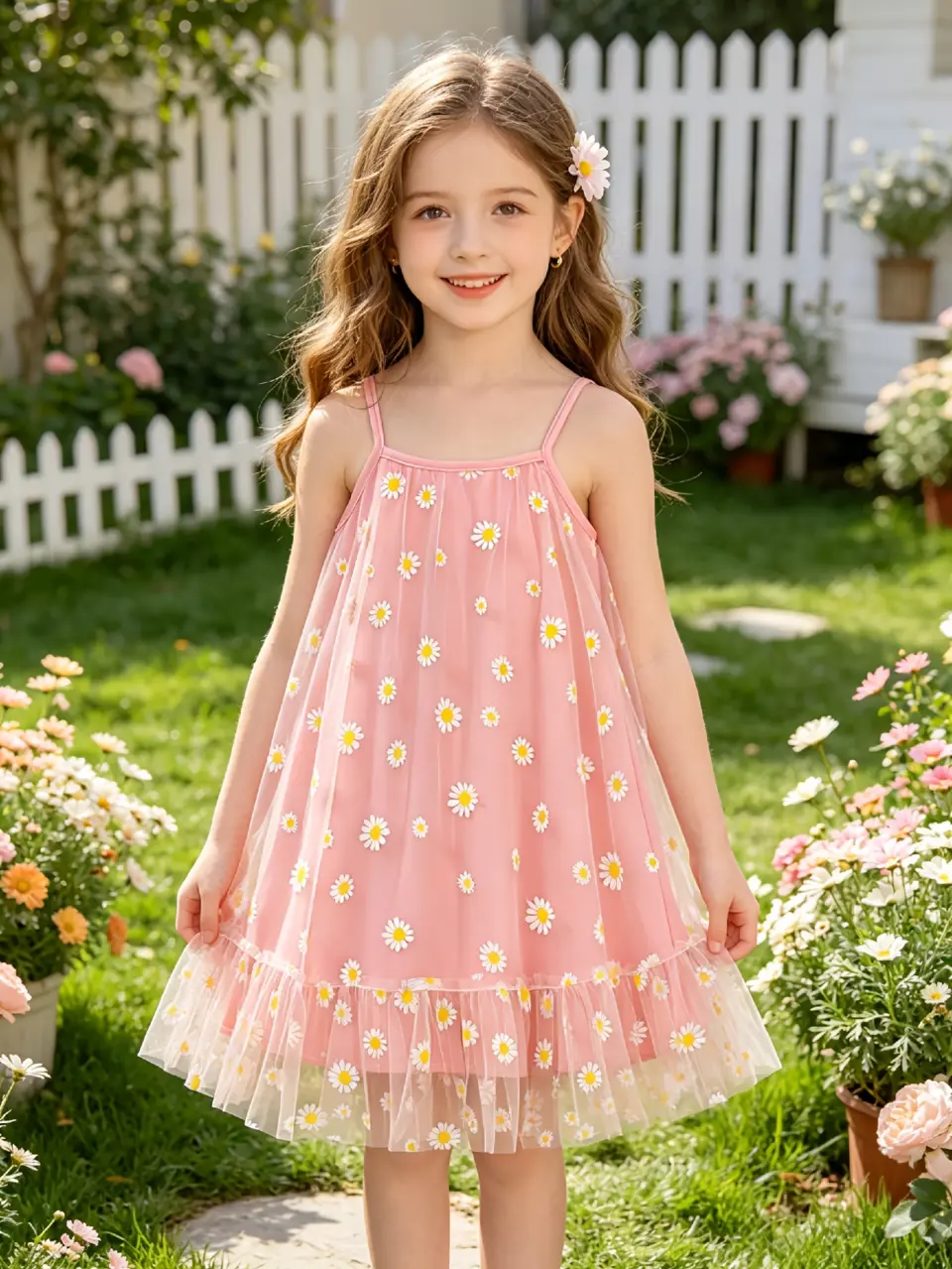 Girls Pink Daisy Mesh Sundress with Tulle Skirt