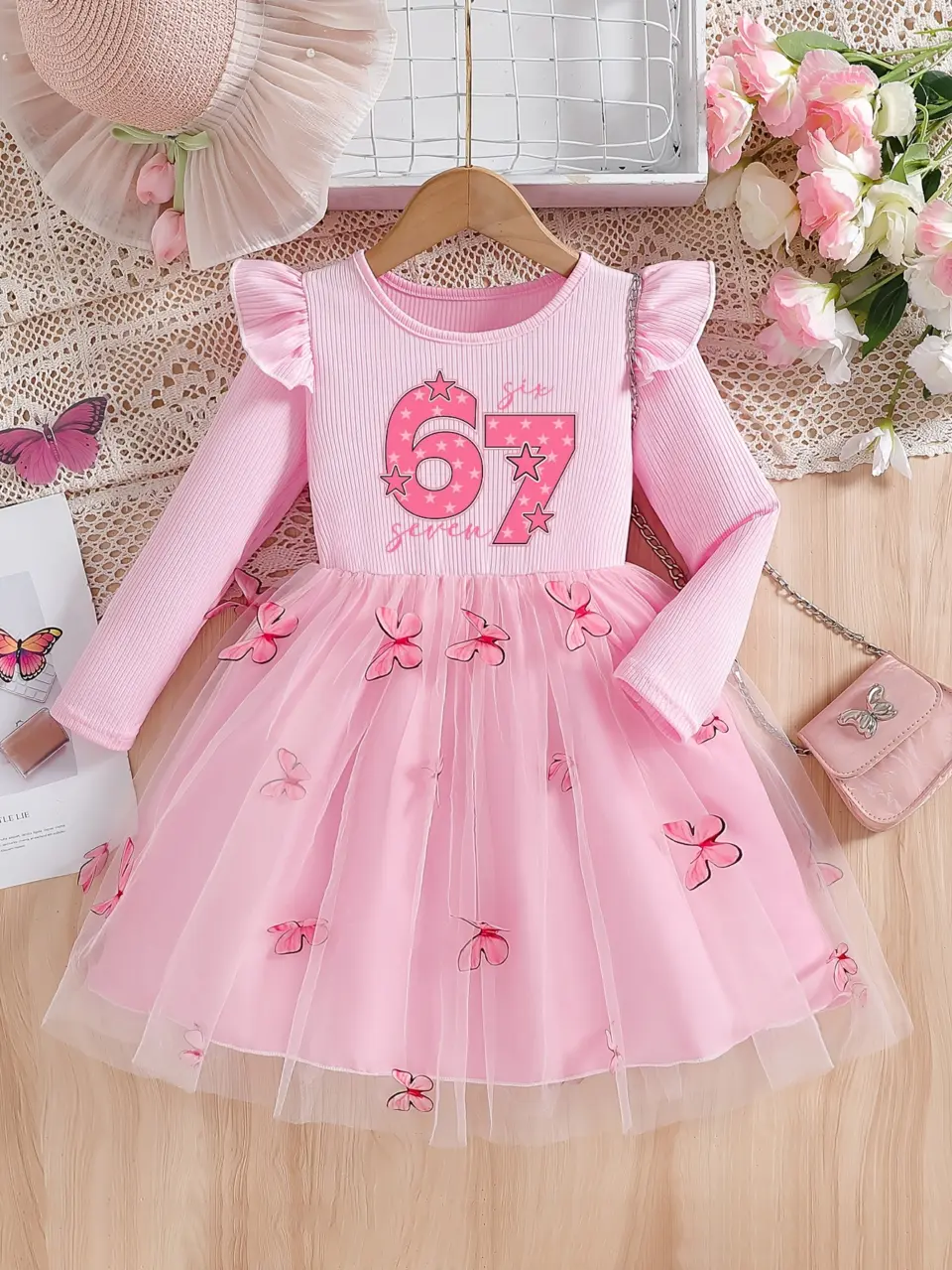 Girls Pink 67 Butterfly Embroidered Tulle Dress