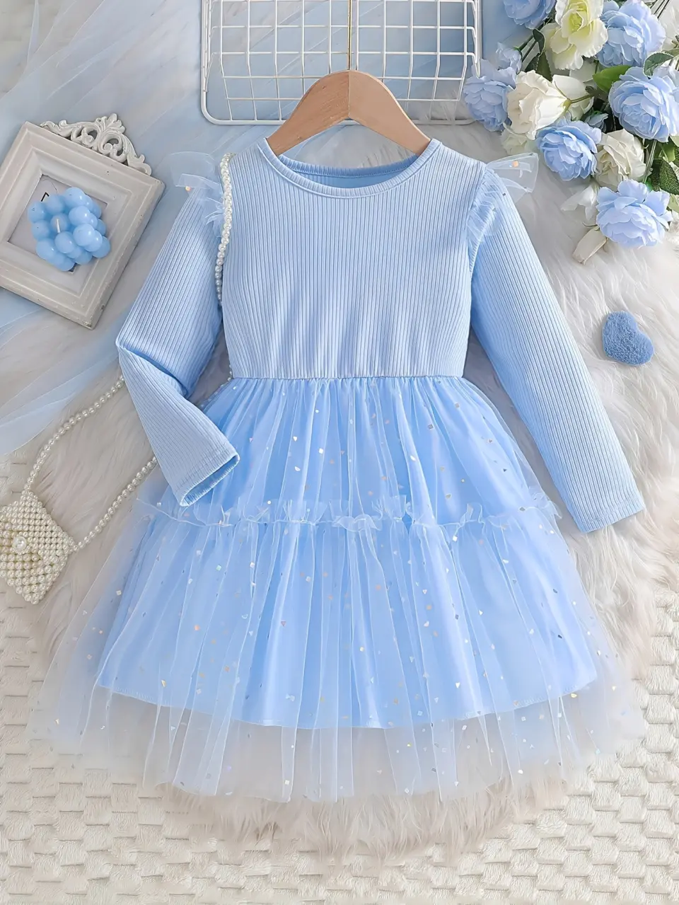 Girls Blue Sequin Tulle Princess Dress