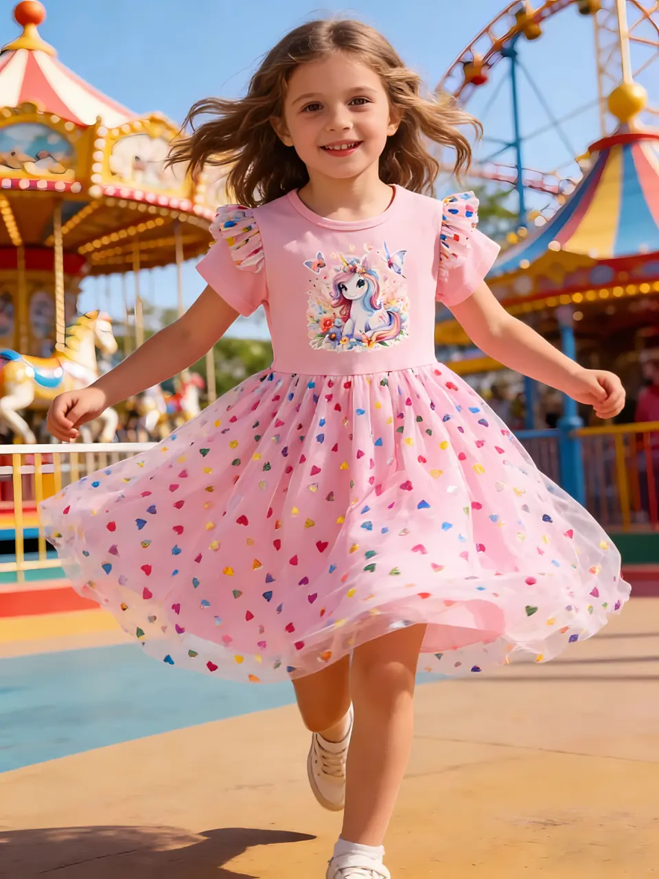 Girls Unicorn Flutter Sleeve Dress with Heart Tulle Skirt
