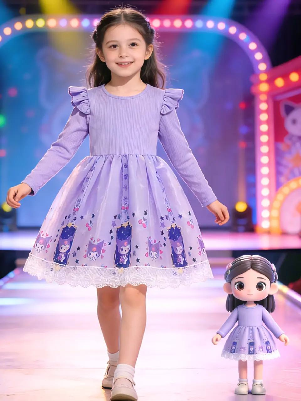 Girls Purple Kuromi Print Ribbed Tulle Dress