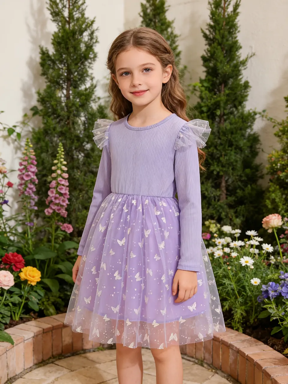 Girls Butterfly Print Long Sleeve Tulle Dress