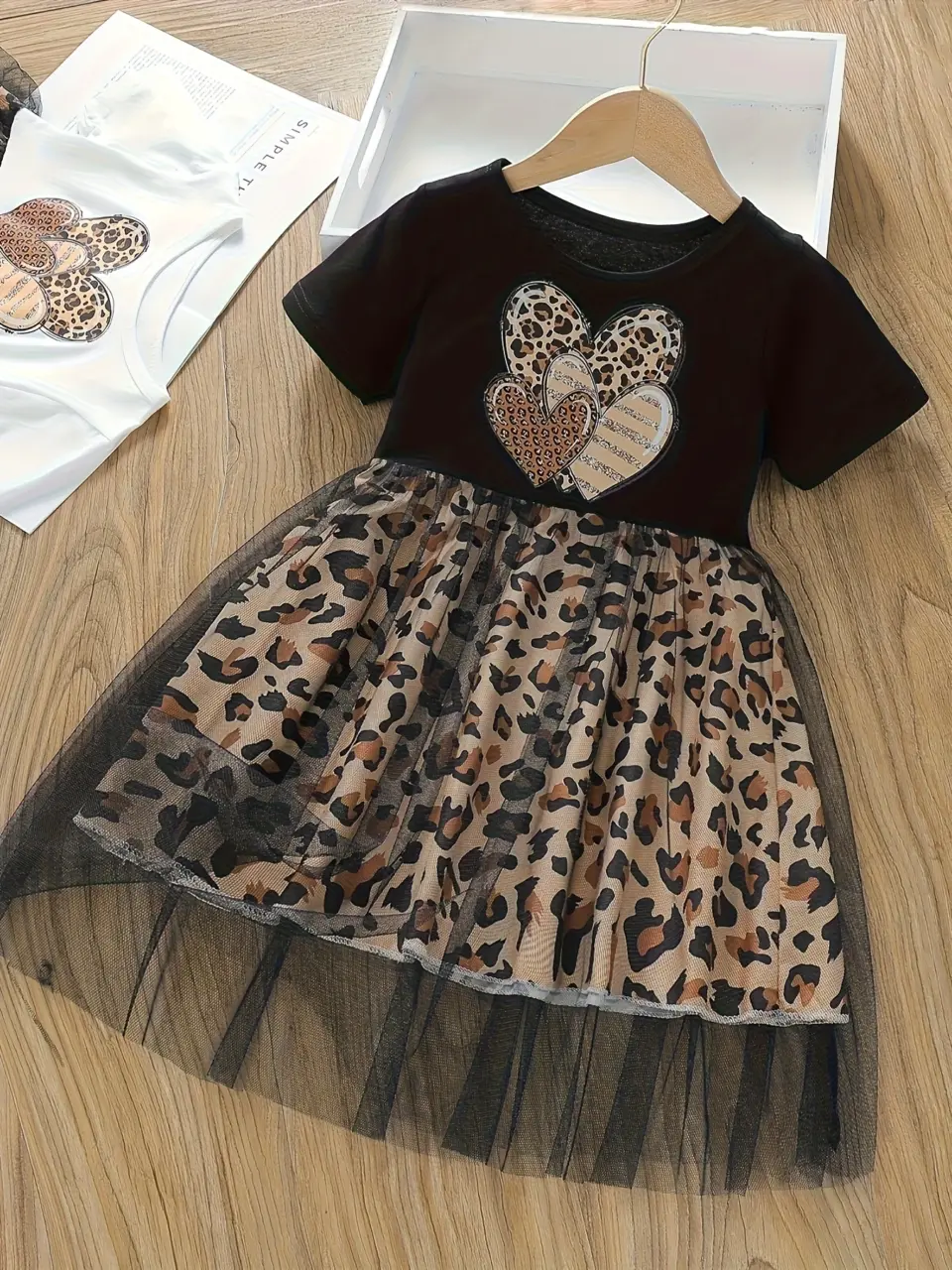 Girls Leopard Heart Print Short Sleeve Tulle Dress