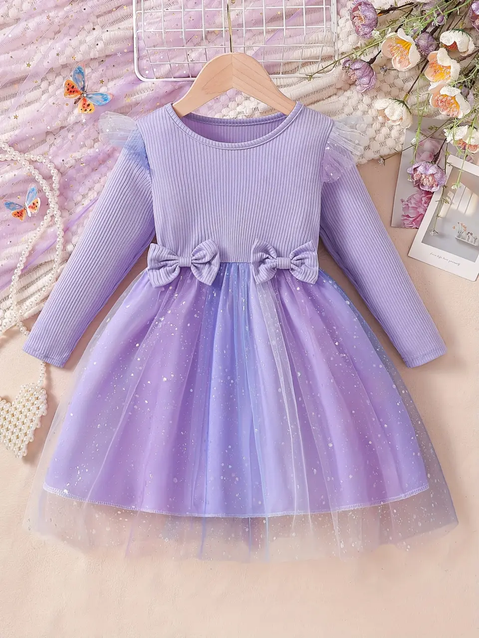 Girls Double Bow Long Sleeve Tulle Dress