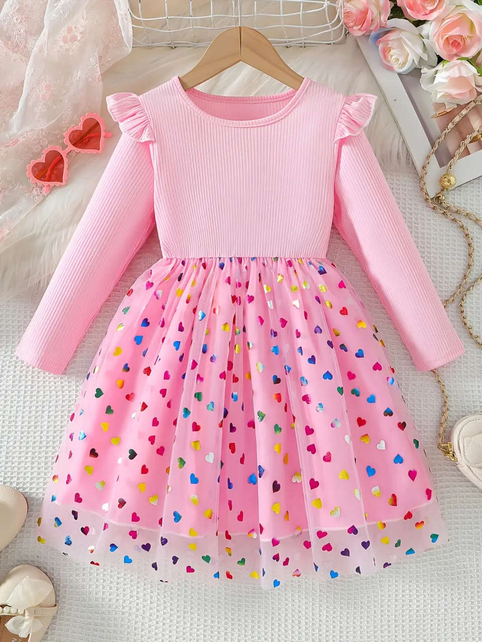 Girls Pink Heart Tulle Dress with Ribbed Long Sleeves
