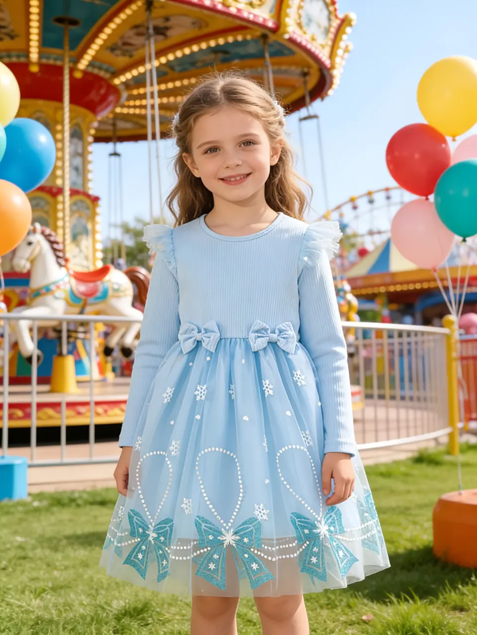 Girls Double Bow Snowflake Tulle Princess Dress