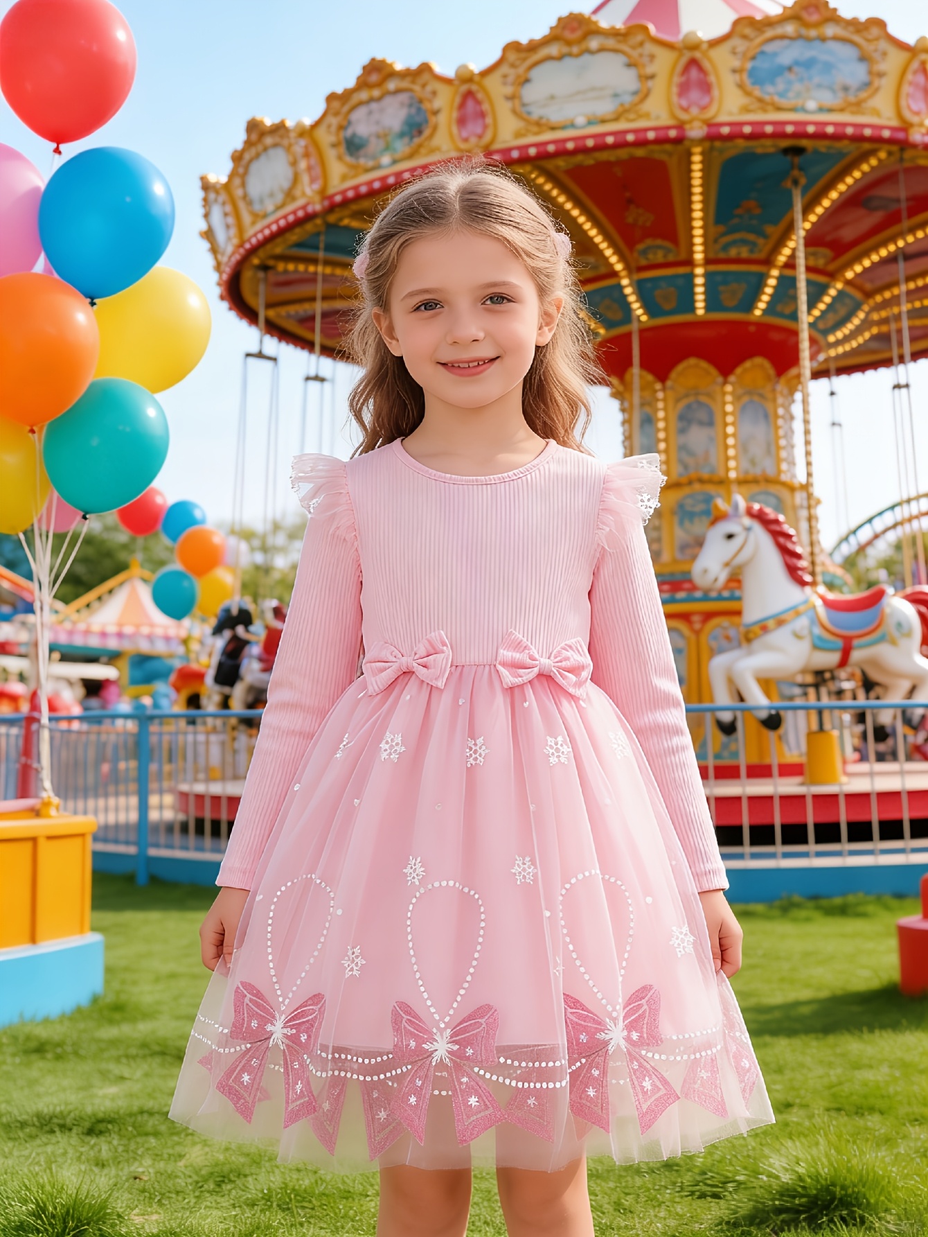 Girls Double Bow Snowflake Tulle Princess Dress - 图片 2