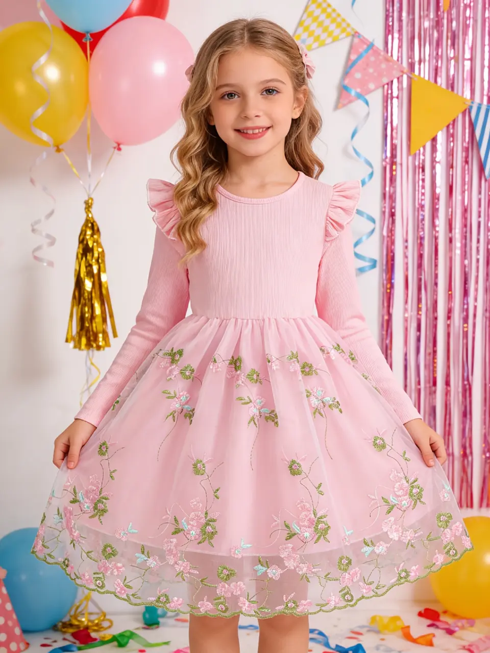 Girls Floral Embroidered Tulle Dress with Long Sleeves