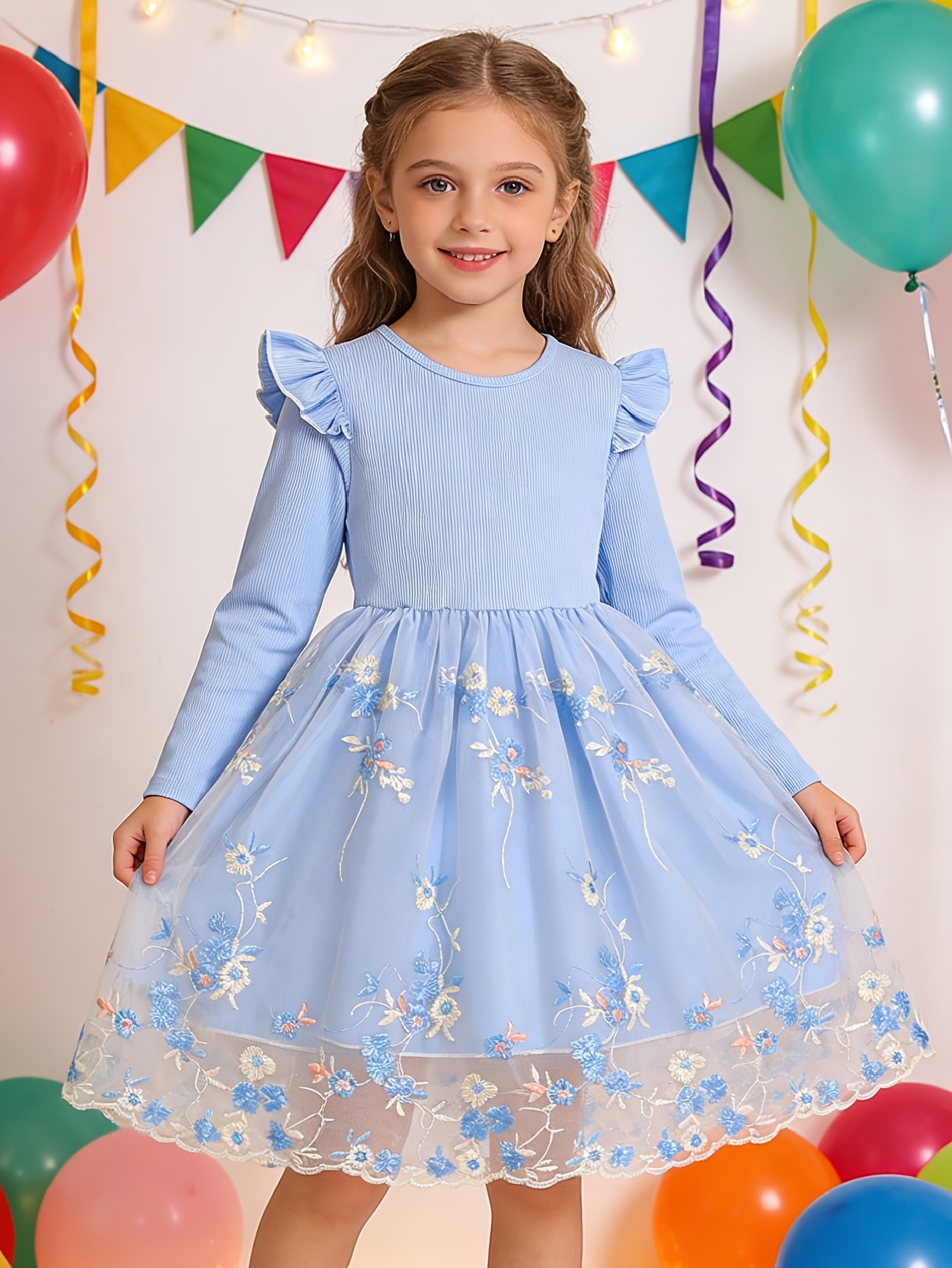 Girls Floral Embroidered Tulle Dress with Long Sleeves - 图片 2
