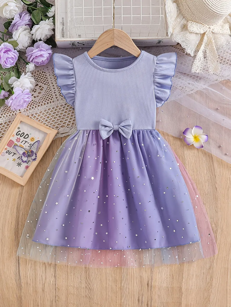 Girls Short Sleeve Star Moon Sequin Tulle Dress