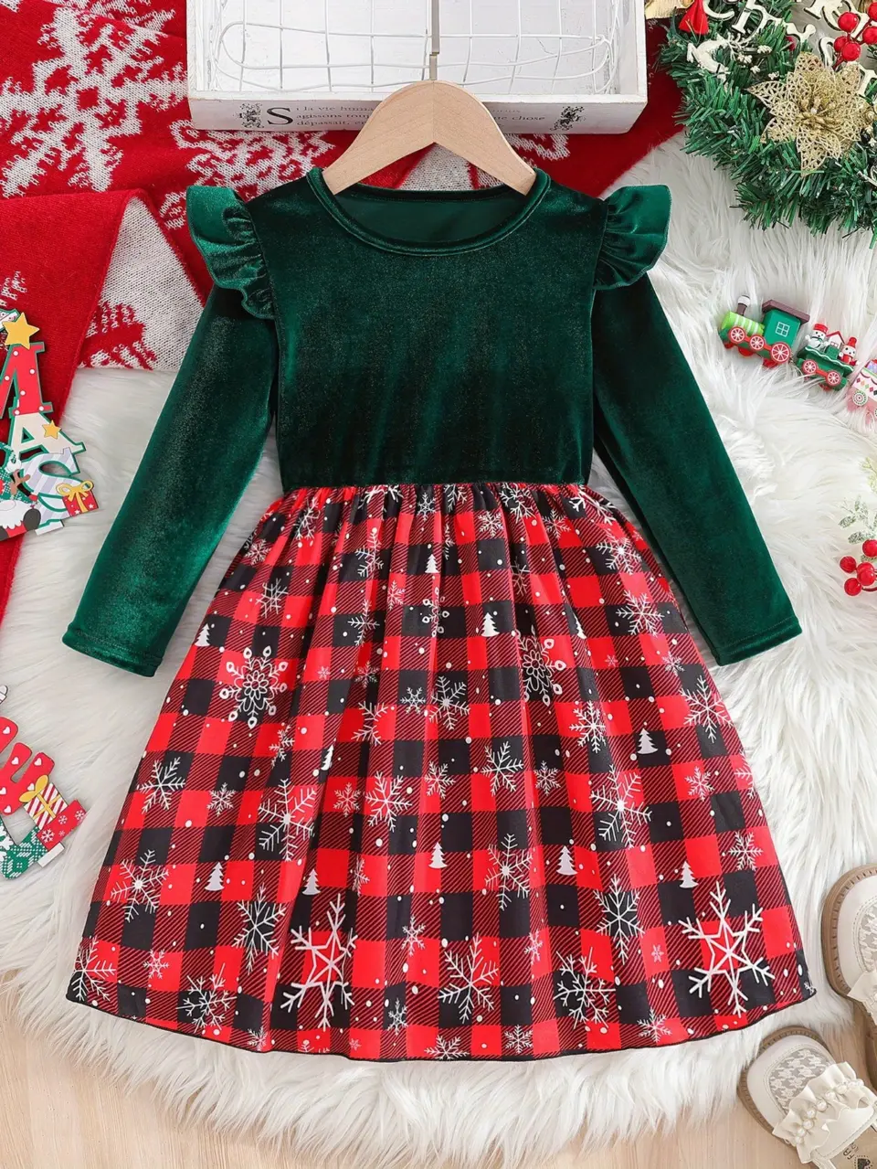 Girls Velvet Snowflake Plaid Christmas Dress