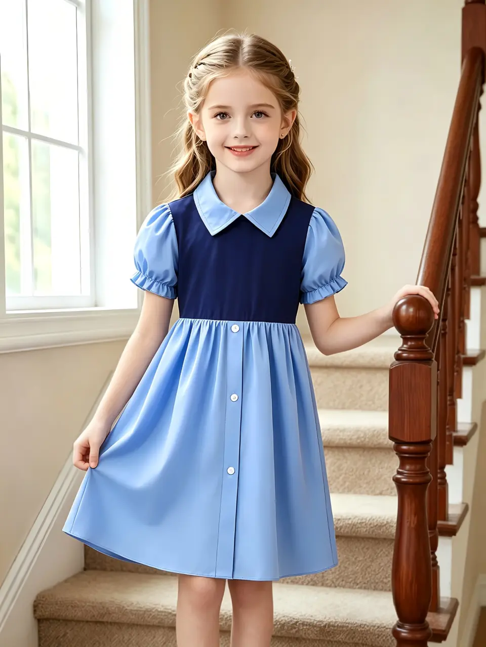 Girls Colorblock School Style Dress with Peter Pan Collar