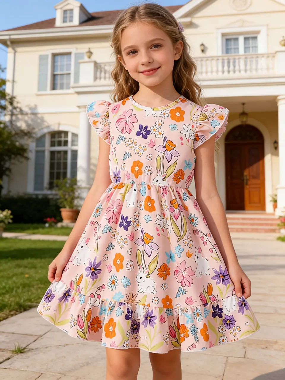 Girls Floral Bunny Vacation Dress with Back Bow