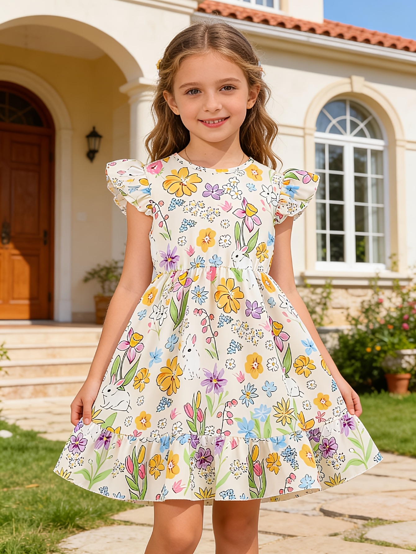 Girls Floral Bunny Vacation Dress with Back Bow - 图片 2