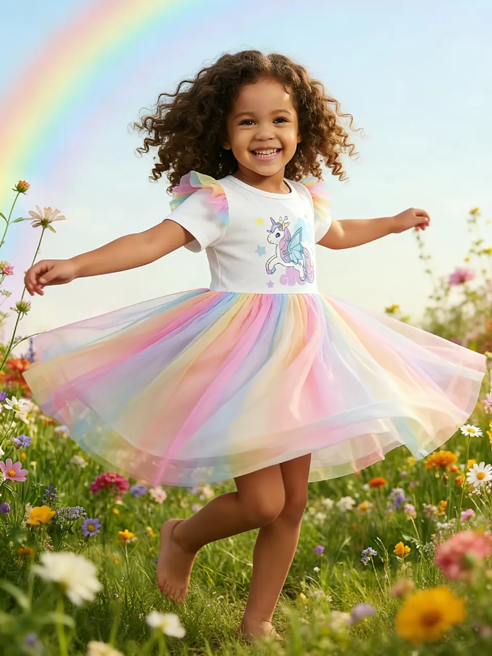 Girls Unicorn Flutter Sleeve Rainbow Tulle Dress