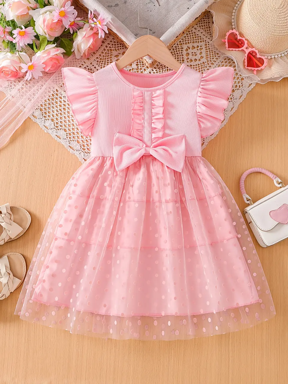 Girls Pink Ribbed Polka Dot Tulle Dress
