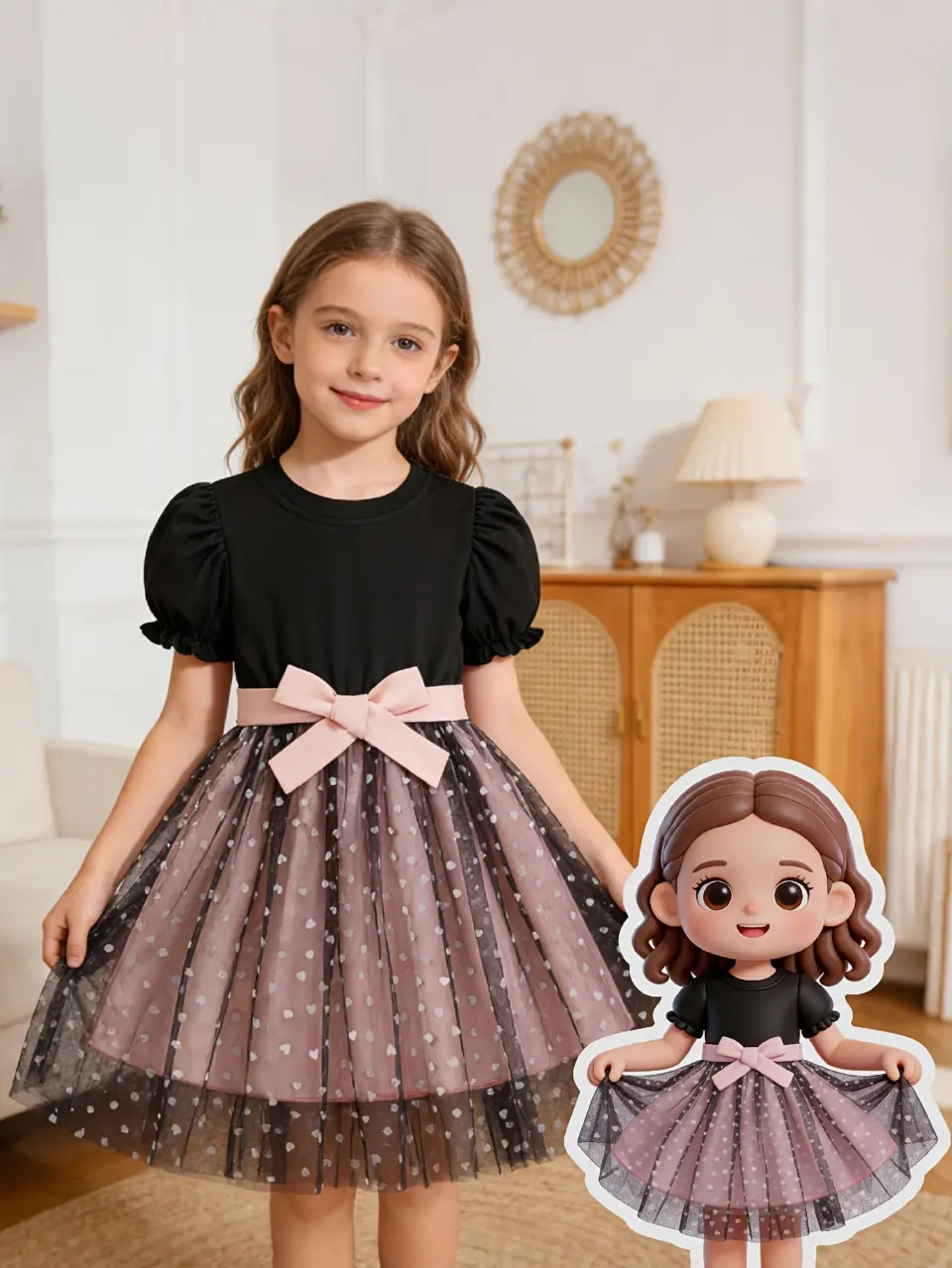 Girls Black Puff Sleeve Heart Mesh Princess Dress