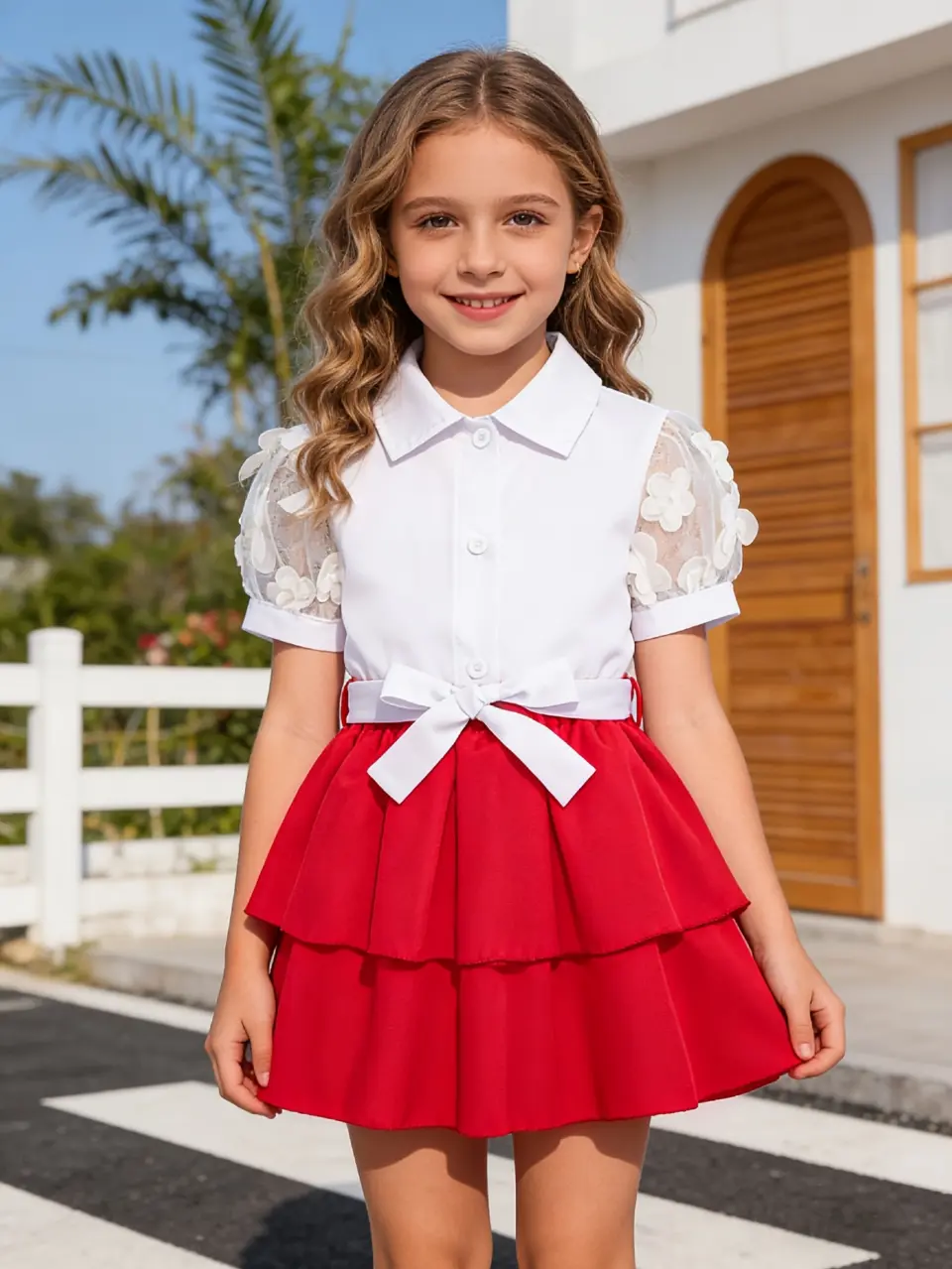 Girls Ruffle Blouse and Layered Skirt Set