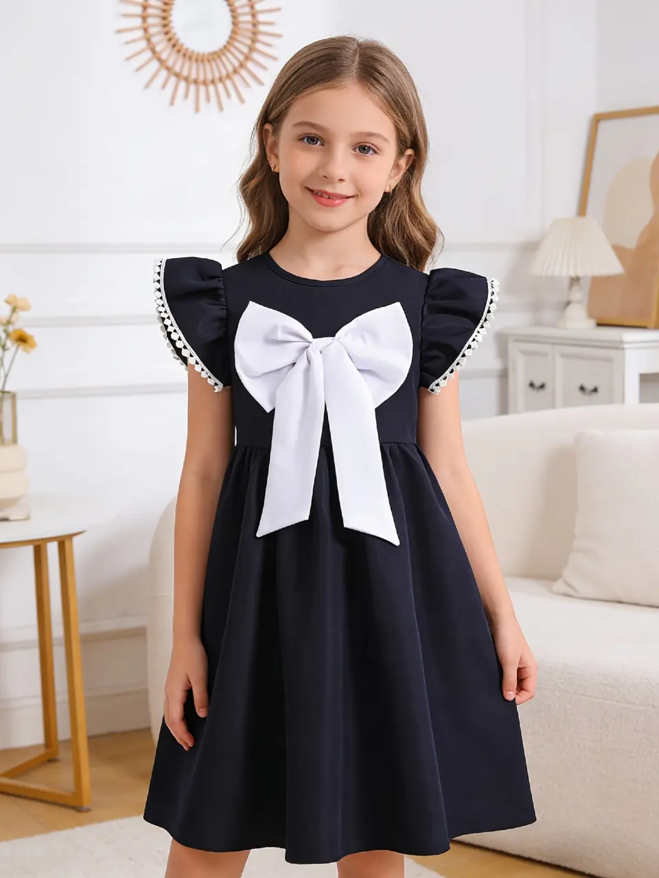 Girls Solid Bow School Dress with Lace Sleeves