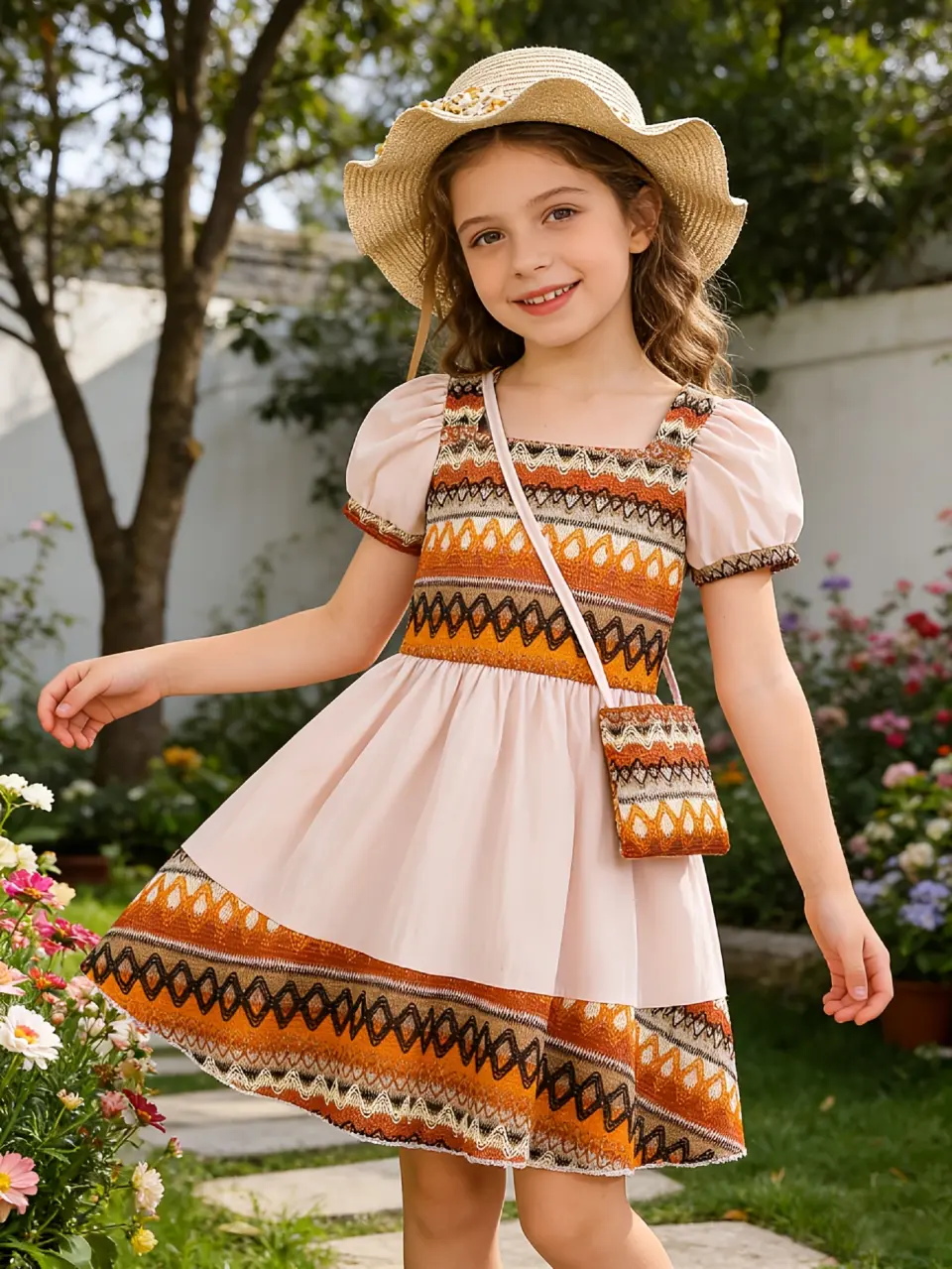 Girls Vintage Boho Patchwork Dress with Crossbody Bag