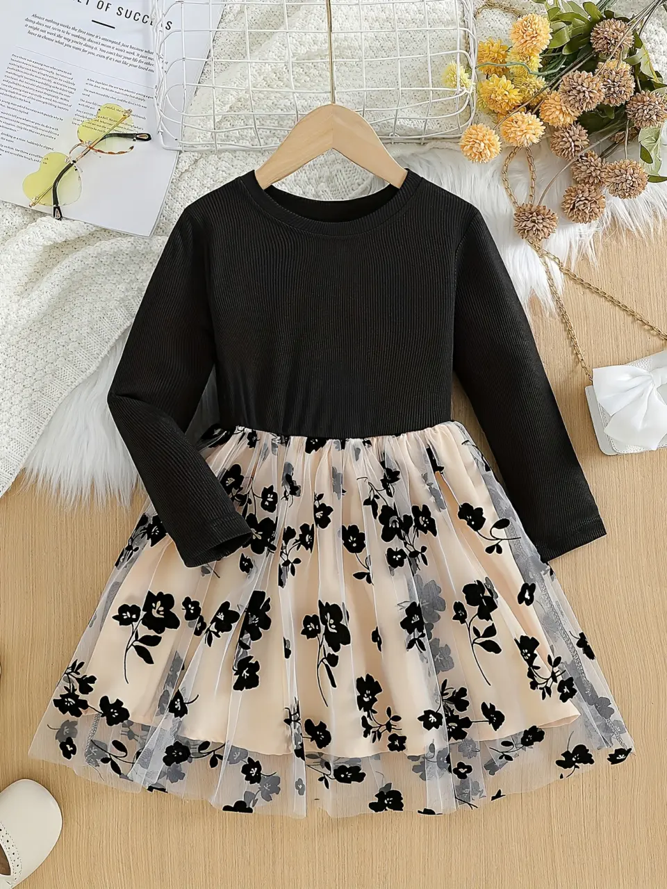 Girls Embroidered Flower Long Sleeve Tulle Dress