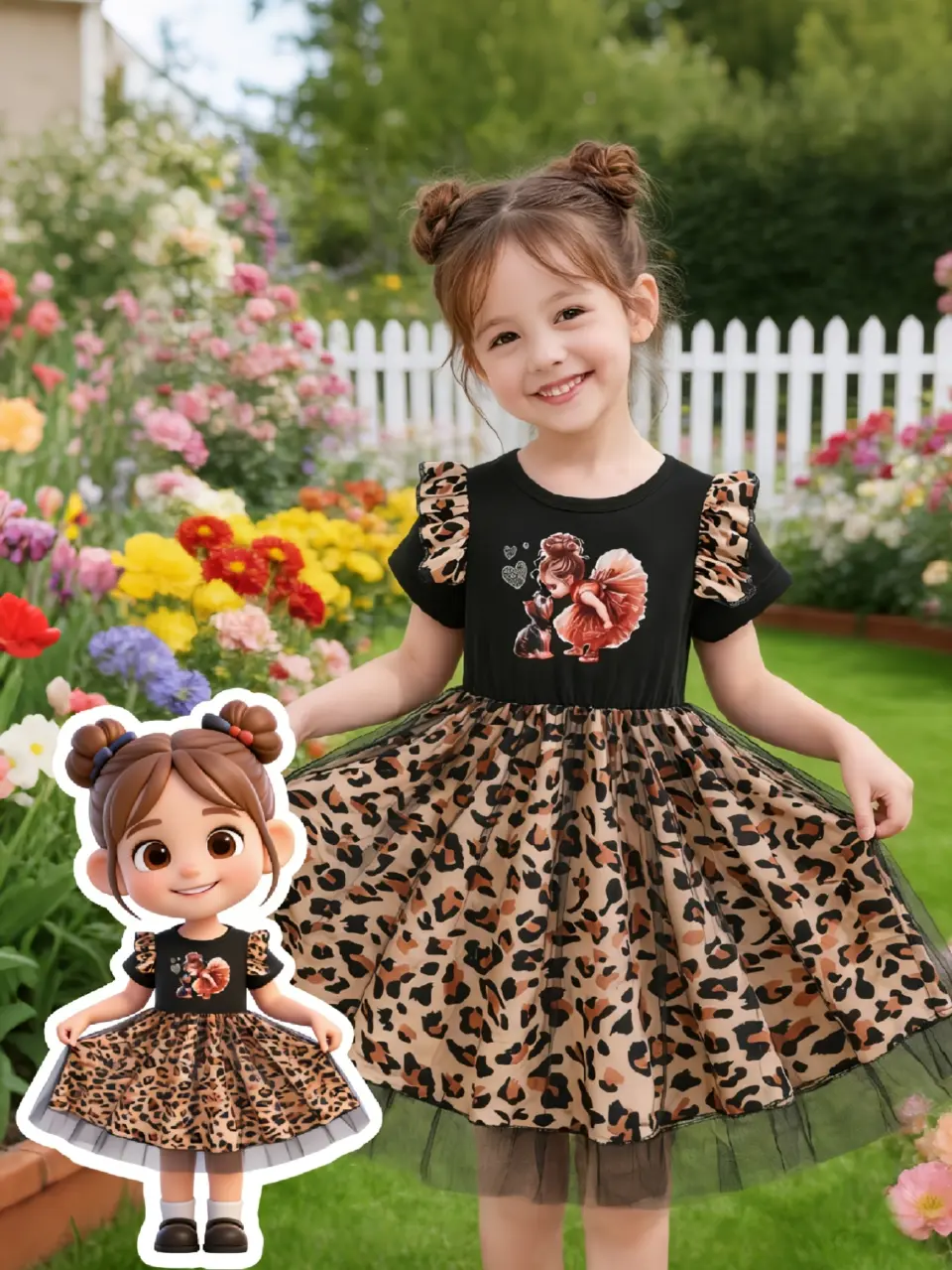 Girls Leopard Patchwork Graphic Tulle Dress